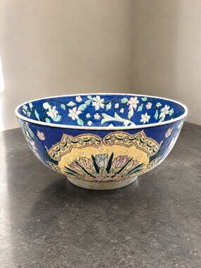 Vtg Blue Floral hand painted Macau Decorative Porcelain Bowl 10" Chinoiserie